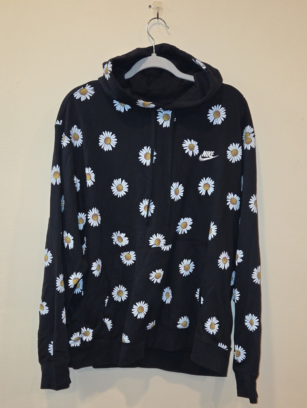 Nike Black Hoodie with White and Yellow Daisy Print